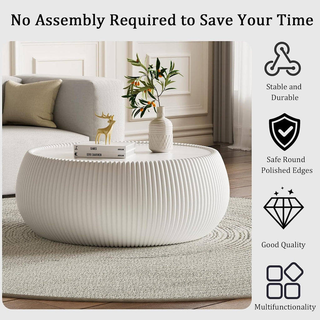 White Round Coffee Table with Sintered Stone Tabletop, 27.55' Drum Coffee Table with Fluted PU Leather Covered and Stable Base, Circle Cocktail Tea Table for Living Room