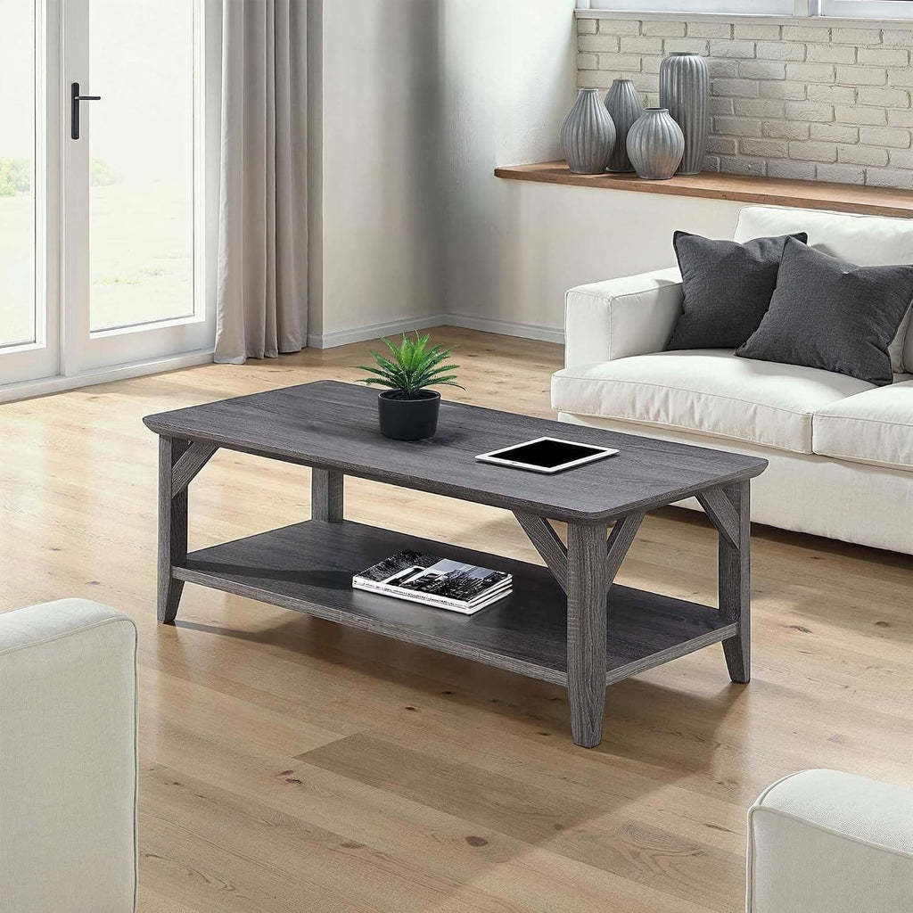Convenience Concepts Winston Coffee Table 47.25' - Farmhouse, Rustic Center Room Accent with Storage Shelf for Traditional Living & Family Room, Weathered Gray