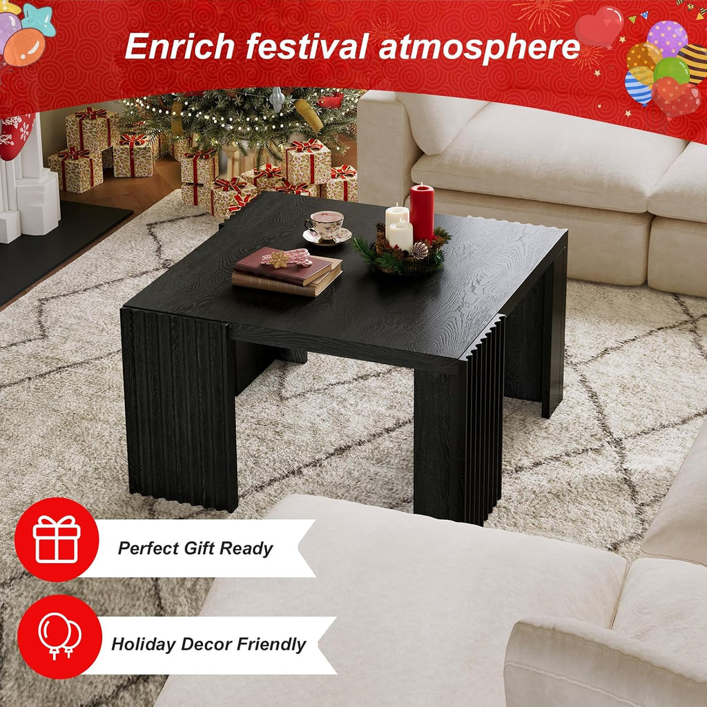 Luoxiao Black Square Fluted Coffee Table for Living Room, Minimalist Modern Accent Center Cocktail Table with 4 Sturdy Legs Wood Living Room Table for Small Space, 27.5-Inch, Easy Assembly