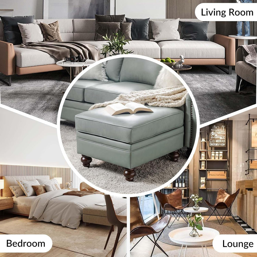 HULALA HOME Genuine Leather Ottoman Coffee Table, Ottoman Foot Rest for Living Room & Lounge, Sage