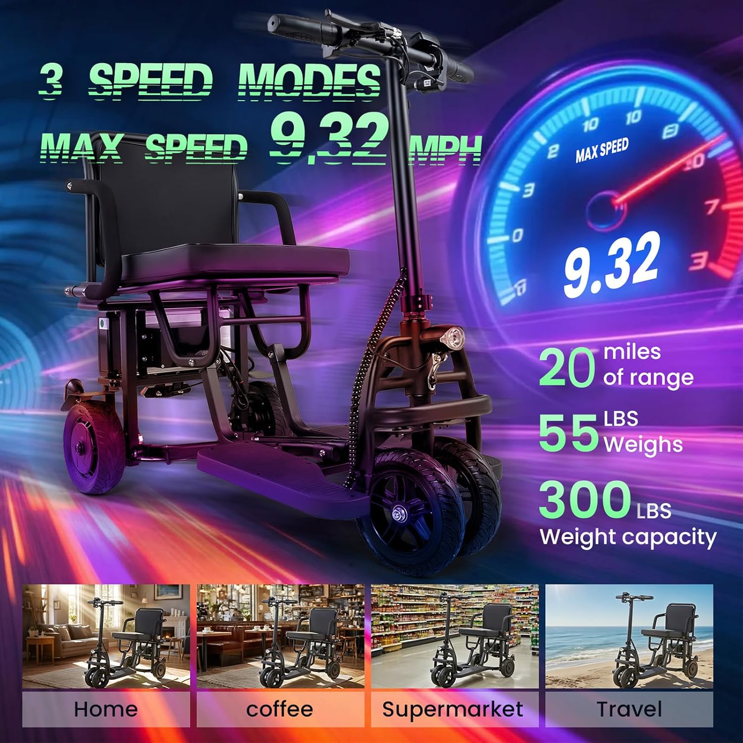 2026 Upgraded Mobility Scooters for Seniors, Dual Front Wheels, 20 Miles Electric Scooter All Terrain, 9.3MPH Ultra Lightweight Folding Scooter, Scooters forAdults Motorized Foldable Lightweight