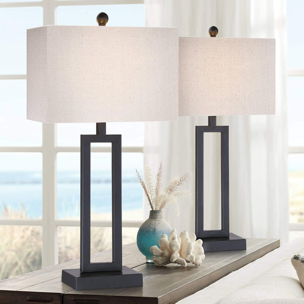 360 Lighting Aston Modern Industrial Table Lamps 26' High Set of 2 Rich Black Open Rectangular Metal Base Off-White Fabric Shade for Living Room Bedroom House Bedside Nightstand Home Office