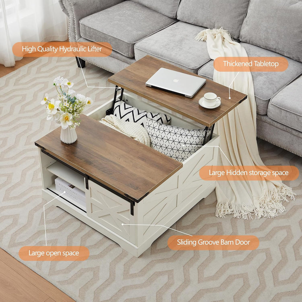 Farmhouse Lift Top Coffee Table, Wood Square Coffee Table with Sliding Barn Door and Adjustable Shelf Rustic Center Table with Hidden Storage Compartment for Living Room, Rustic White