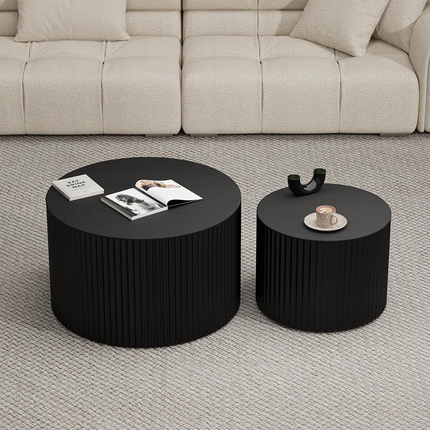 Round Wood Coffee Table Set of 2 Modern Round Fluted Nesting Coffee Tables Handcrafted Wooden Circle Nesting Table for Living Room for Small Space (Black (D18.9+D14.8 inch))