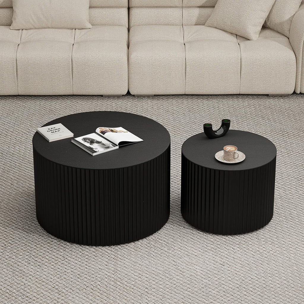 Round Wood Coffee Table Set of 2 Modern Round Fluted Nesting Coffee Tables Handcrafted Wooden Circle Nesting Table for Living Room for Small Space (Black (D27.56+D19.69 inch))