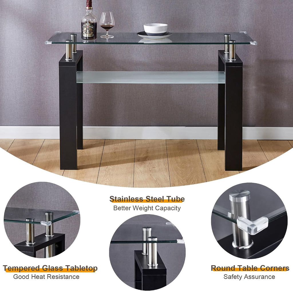 47' Glass 2-Tier Console Table, Modern Rectangle Sofa Table with Metal Frame and Tempered Glass Shelf, Accent Narrow Table for Entryway Living Room, Bedroom