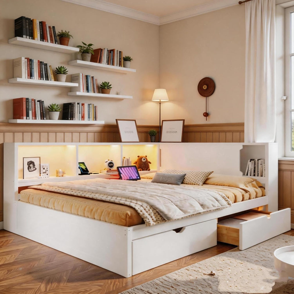 RuiSiSi Queen Size L-Shaped Daybed Frame with Drawers and LED Lights, Corner Day Bed with Storage Bookcase and Charging Station for Living Room or Guestroom, White