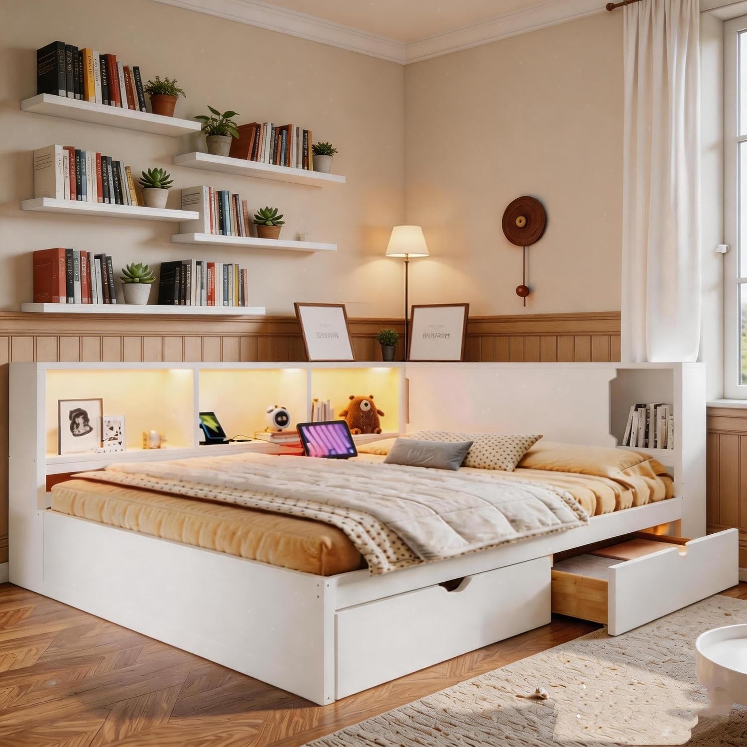 RuiSiSi Queen Size L-Shaped Daybed Frame with Drawers and LED Lights, Corner Day Bed with Storage Bookcase and Charging Station for Living Room or Guestroom, White