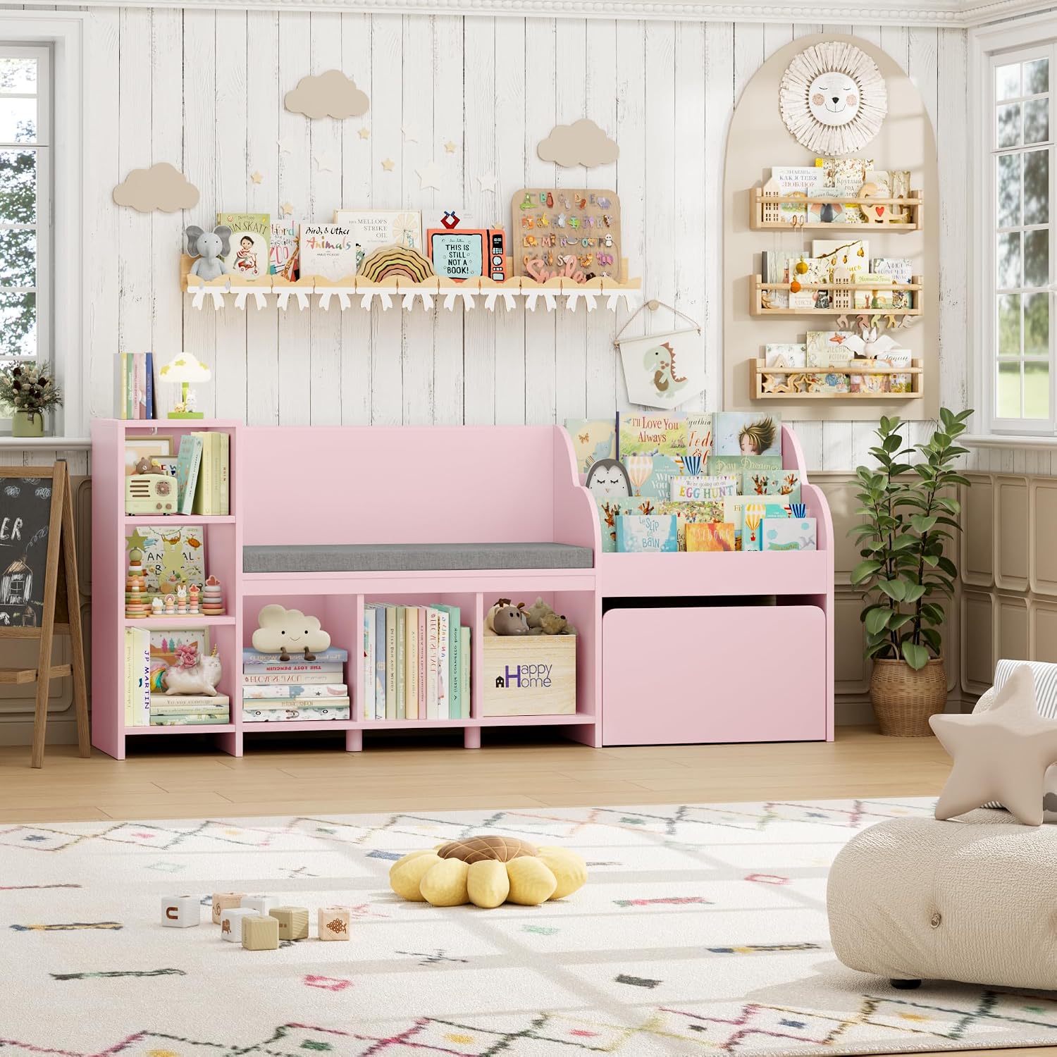HOSTACK 67' W Kids Reading Nook with Toy Storage Organizer, Large Kids Bookshelf with Toy Storage Box on Wheels, Big Kid Bookcase with Bench and 6 Open Cubbies for Playroom, Kid Room, Pink