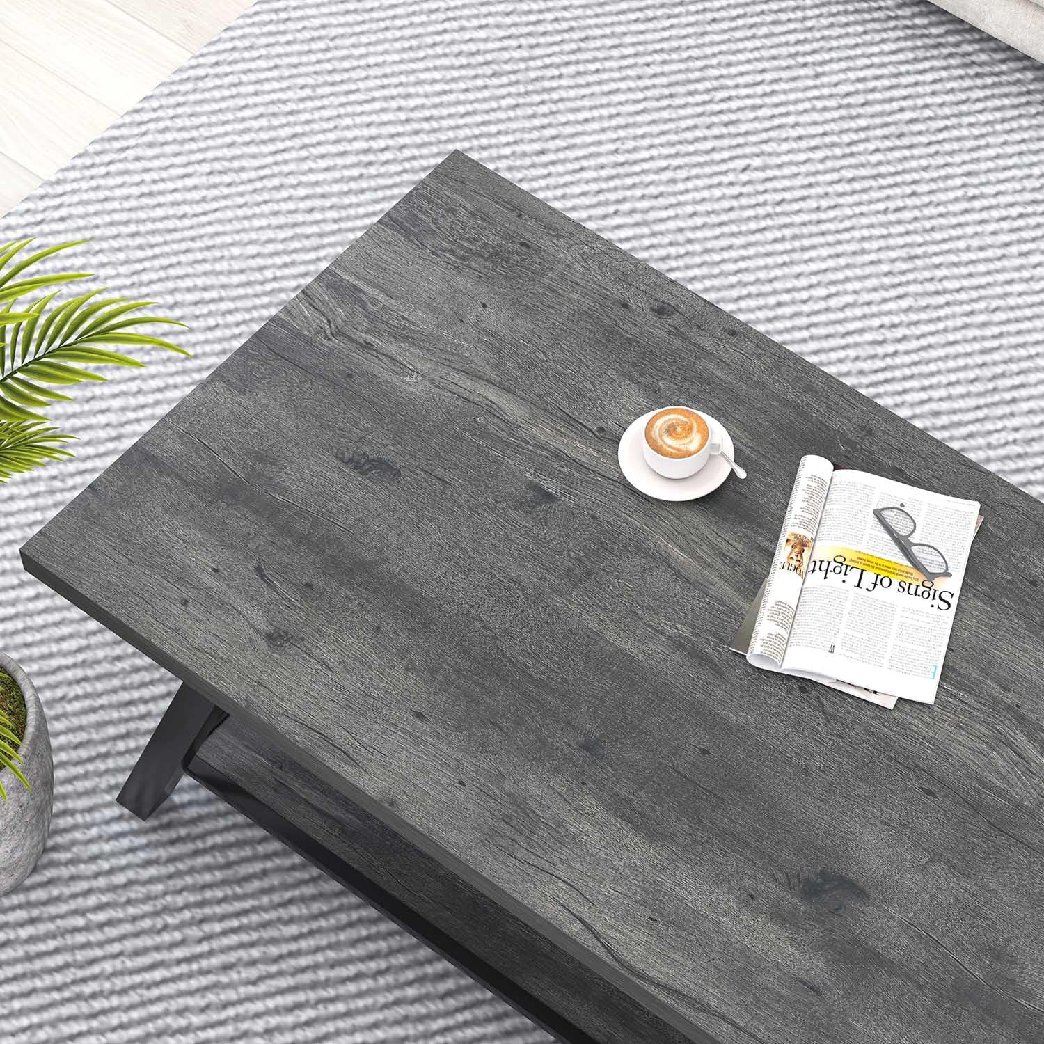 EXCEFUR Coffee Table, Industrial Wood and Metal Center Table for Living Room, Rectangle Cocktail Tea Table with Storage Shelf, Rustic Grey, 47 Inch