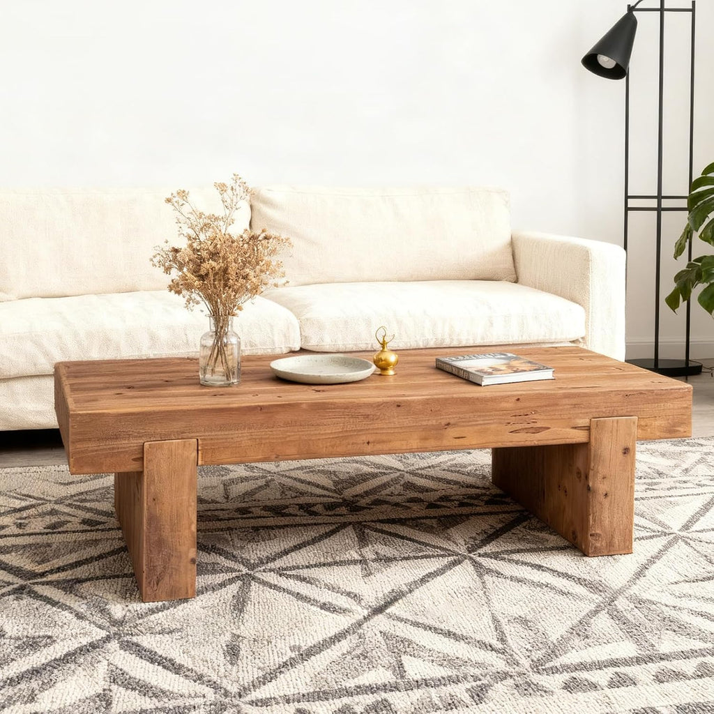 47.6' Solid Wood Coffee Table, Mid-Century Modern Coffee Table with Sturdy Base, Farmhouse Rectangle Accent Center Tea Tables for Living Room Apartment, Easy Assembly
