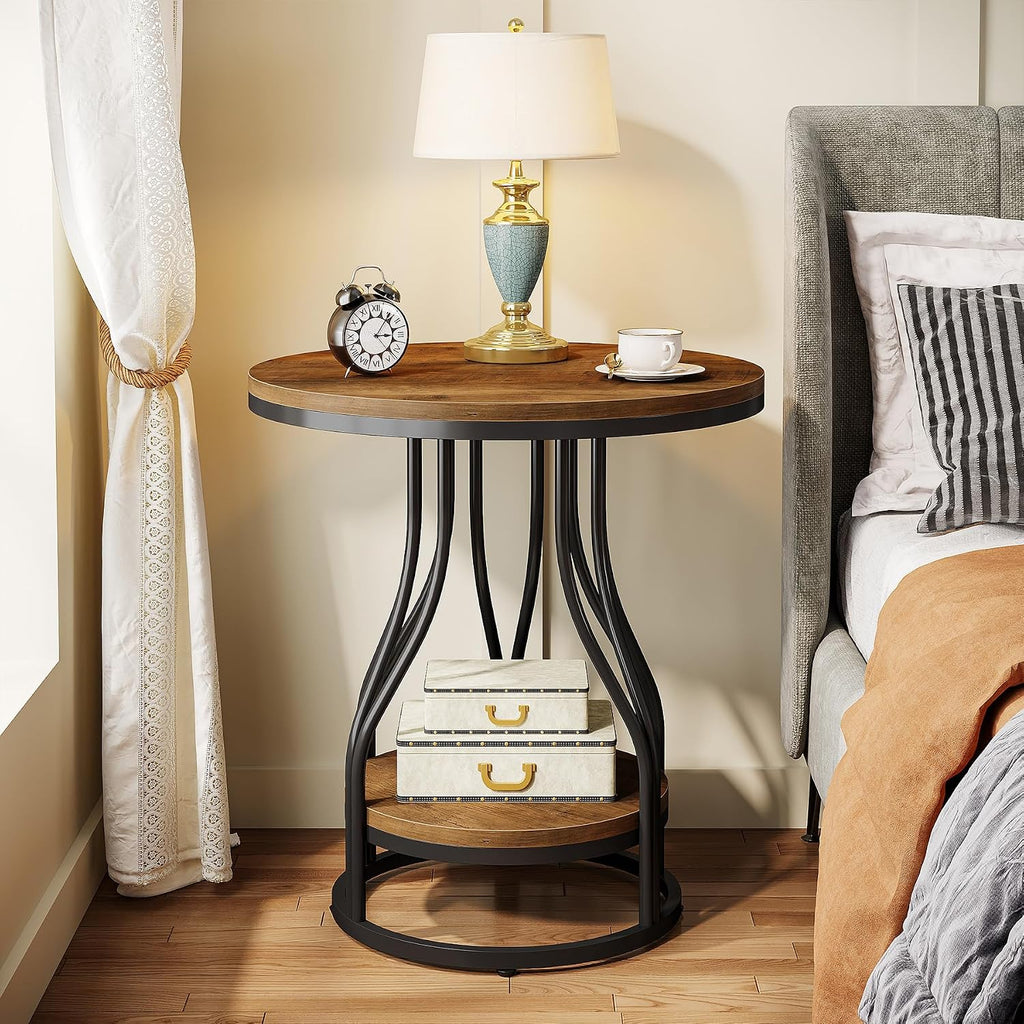 Tribesigns Round Side End Table 2-Tier End Tables Modern Bedside Table Small Chairside Tables with Storage for Couch Side, Nightstand with Metal Frame for Living Room (2 pcs, Brown+Black)
