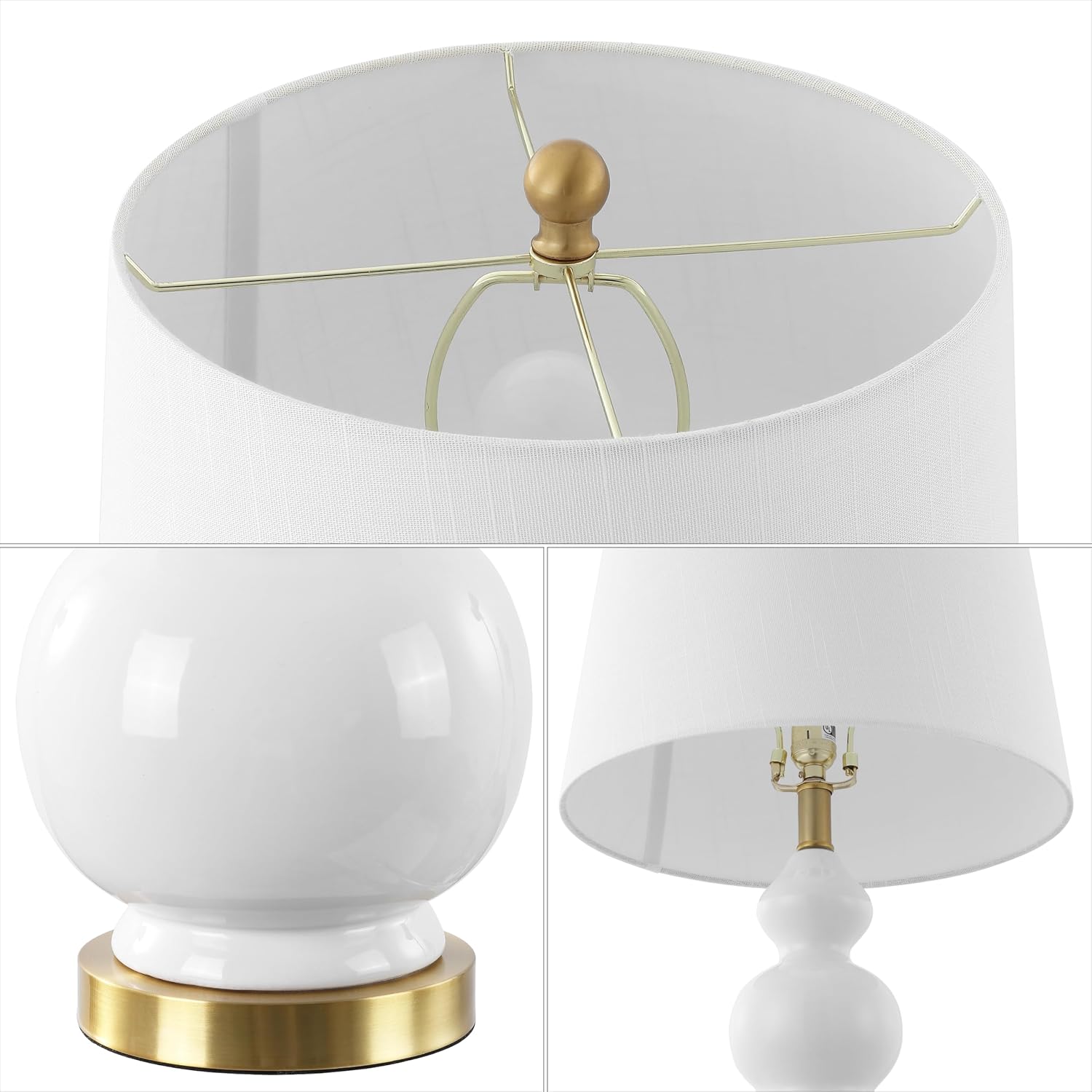 JONATHAN Y 27.5' White/Brass Gold Modern Ceramic Gourd Table Lamp for Living Room, Large Bedside Nightstand Lamp for Bedroom, White Linen Drum Shade, LED Bulb Included (JYL4023D)