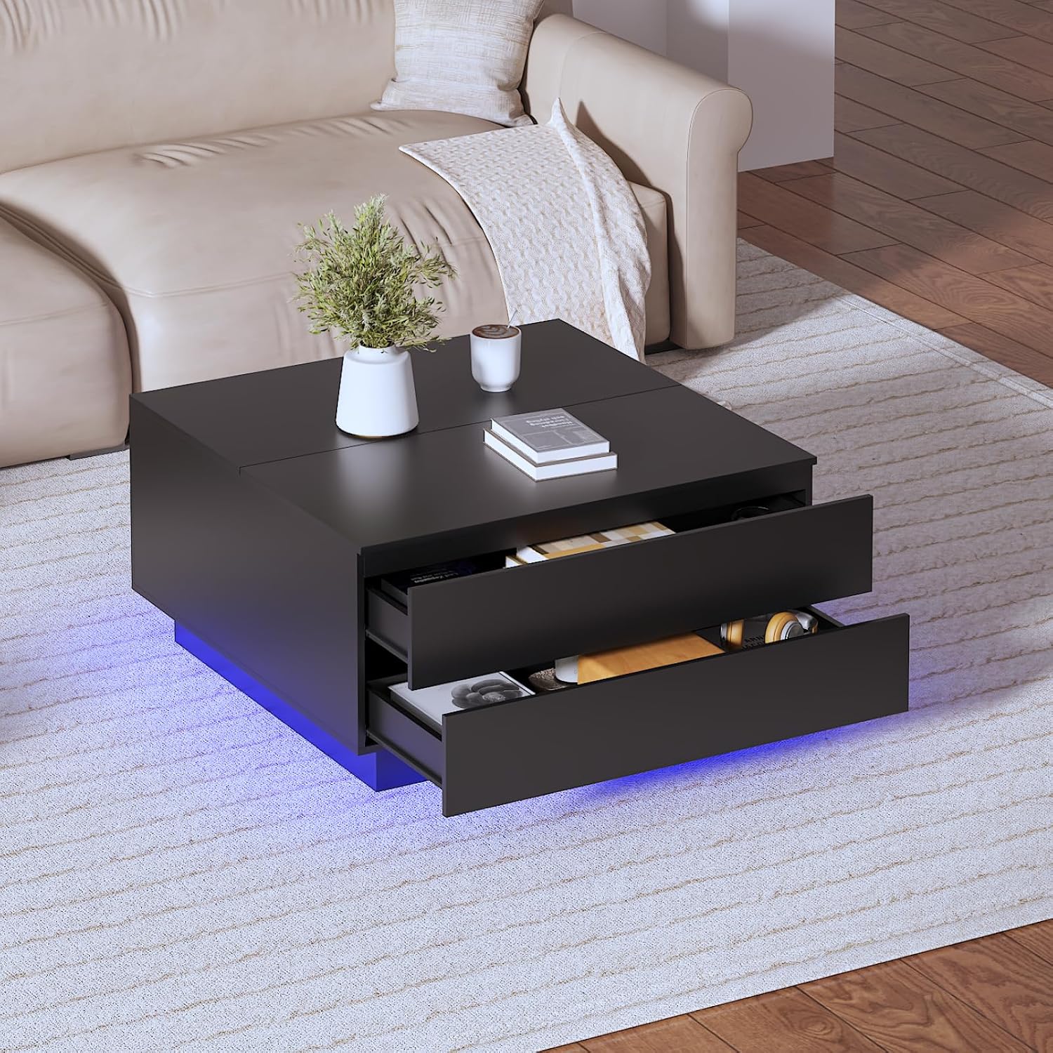 HedoAjim Square Coffee Tables with Storages, Modern Black Coffee Table for Living Room, Flip Cover Coffee Tables and 2 Spacious Drawers, Coffee Table with LED Light