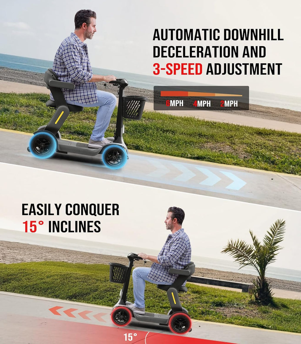 Glashow S3 Folding Mobility Scooter for Seniors & Adults – 4-Wheel All-Terrain Electric Scooter, 25 Mile Range, 6 MPH, 265 lb Capacity, Reverse, LED Lights & Basket – Gray