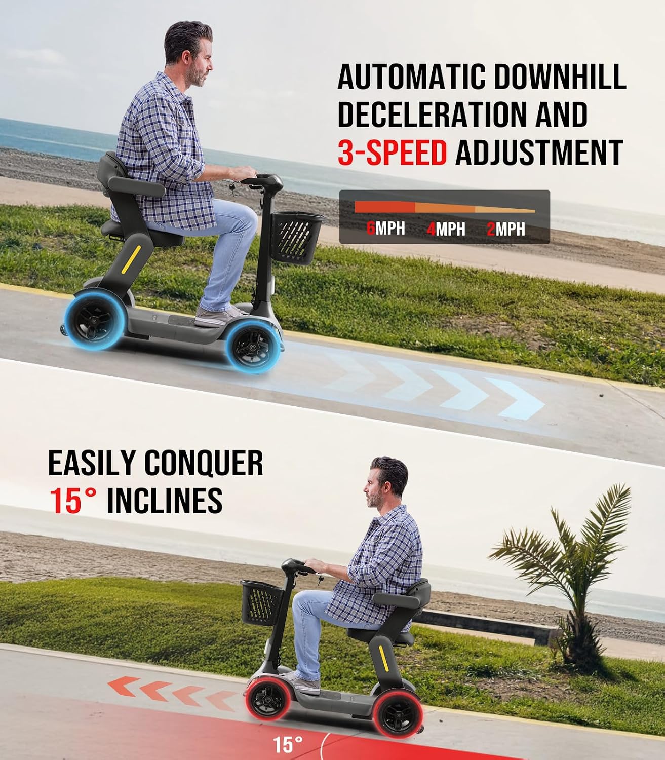 Glashow S3 Folding Mobility Scooter for Seniors & Adults – 4-Wheel All-Terrain Electric Scooter, 25 Mile Range, 6 MPH, 265 lb Capacity, Reverse, LED Lights & Basket – Gray