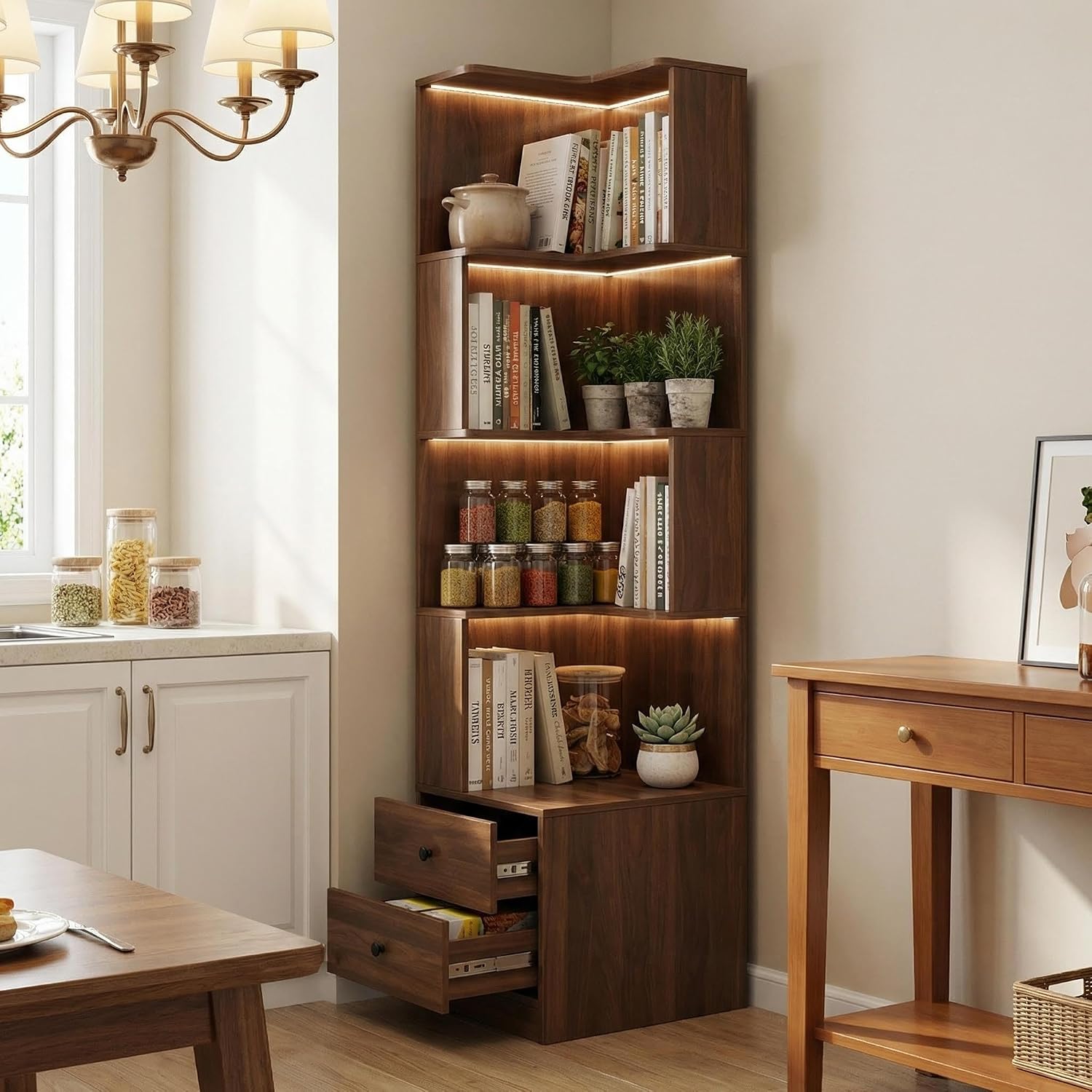 4 Tier Corner Bookshelf with Drawers, L Shaped Freestanding Corner Bookcase with LED Lights and Baffle, Space Saving Display Shelf for Living Room, Bedroom, Home Office, Kitchen(Walnut)