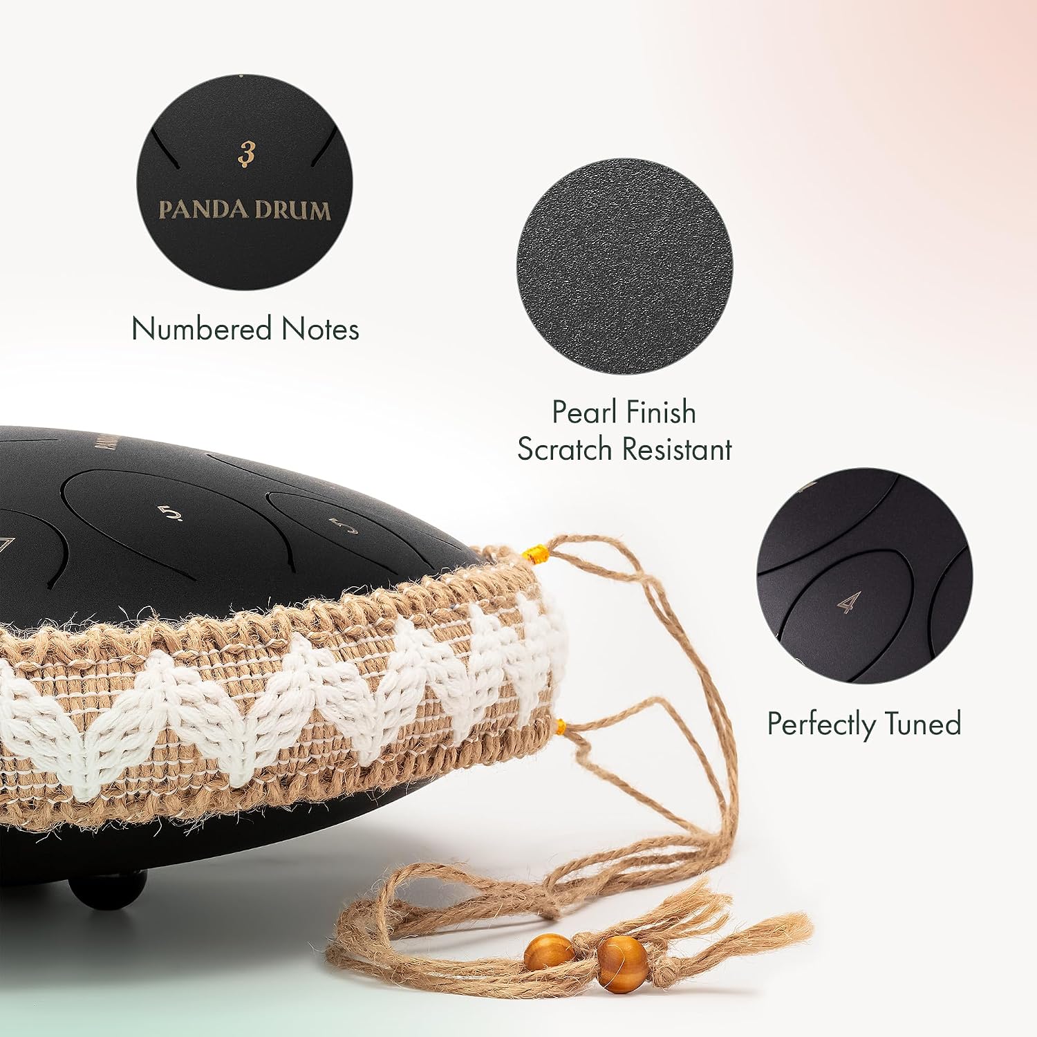 Panda Drum Pro (Black) | Steel Tongue Handpan with Music Book, Mallets, Carrying Bag & Finger Picks | 15 inch, 432 Hz | Rain Drum for Inside & Outside | Calming Musical Instrument for Adults & Kids