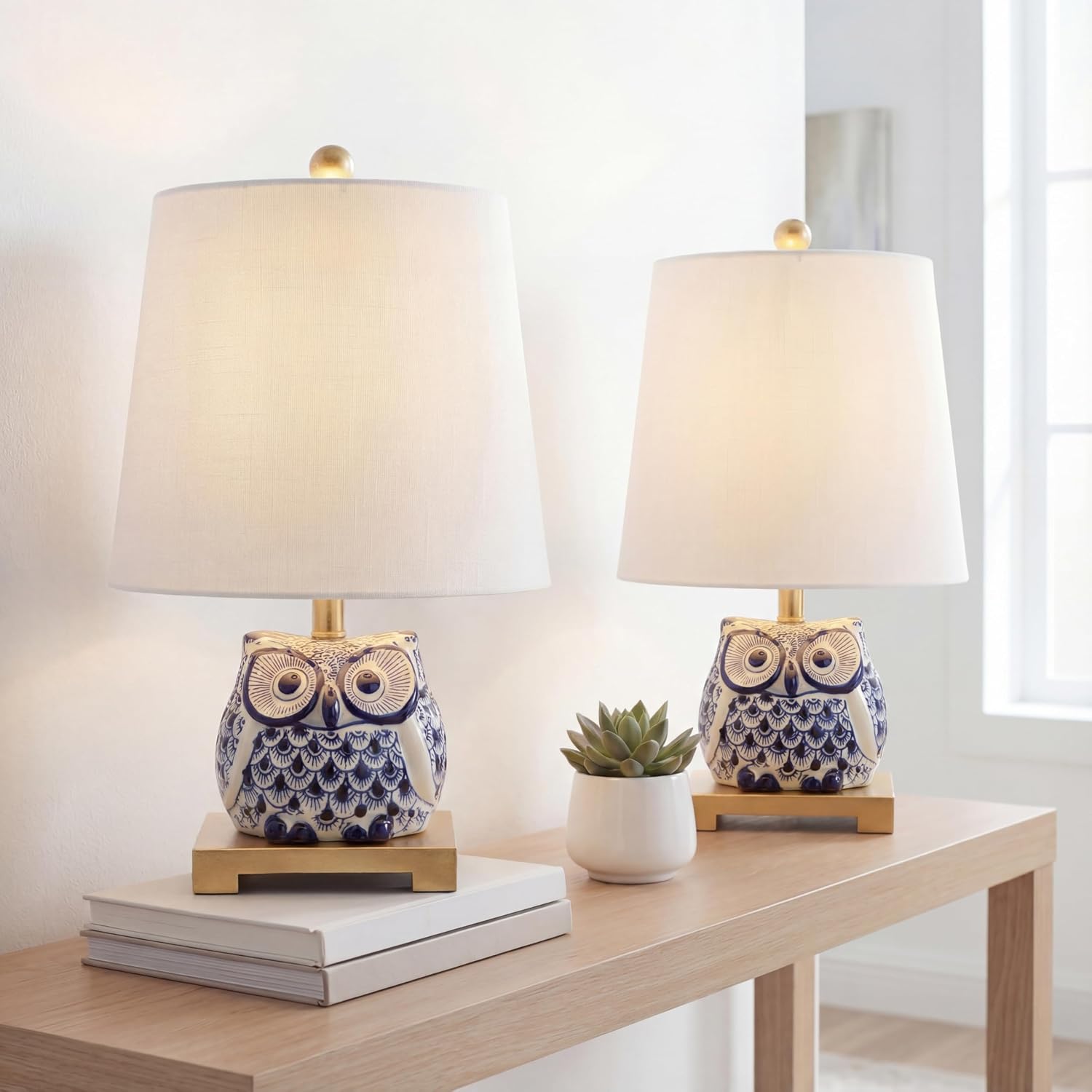 JONATHAN Y 16' Blue/White Ceramic Owl Mini Table Lamp for Bedroom or Office, Modern Farmhouse Nightstand Lamp with White Linen Shade, LED Bulb Included (JYL3014A-SET2)