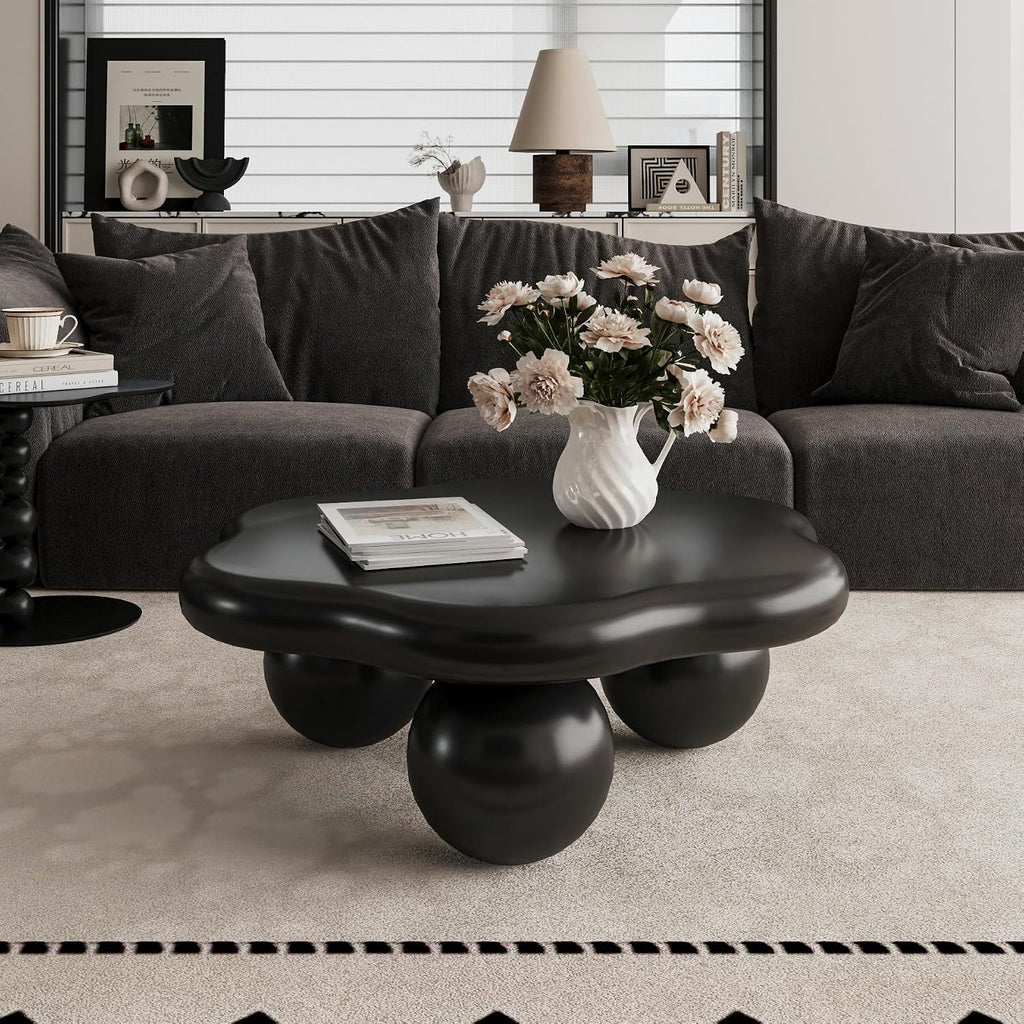 35.03' Cloud Coffee Table for Living Room Unique Coffee Table Modern Low Coffee Tables Cute Center Table with 3 Ball Legs for Small Space Apartment Cream Flower-Black