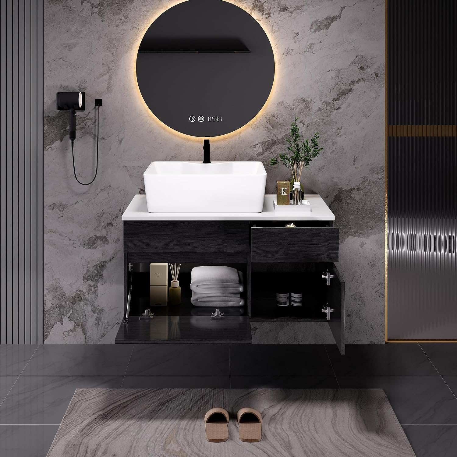 31.5' Bathroom Vanity with Ceramic Sink & MDF Top,Floating Vanity Bathroom Sink Cabinet Wall Mount with Hidden Drawers & Soft Closing Cabinet Door for Organizer