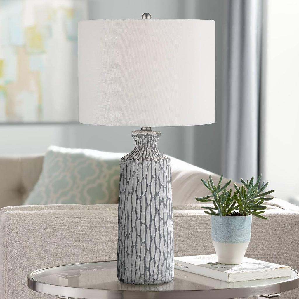360 Lighting Patrick Modern Coastal Modern Table Lamp 26 1/4' High with USB Dimmer Whitewash Gray Ceramic White Drum Shade for Bedroom Living Room House Desk Bedside Nightstand Office Family