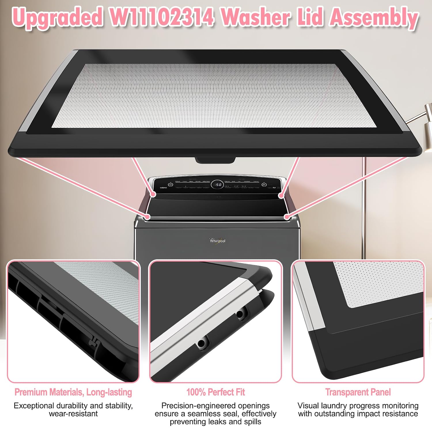 LXun Upgrade W11102314 Washer Lid Assembly Replacement Compatible With Whirlpool Washer Lid Part WP8563965 Left Lid Hinge & WP8572974 Right Lid Hinge & 4 Screws W11404293, Replaces W10594159 W10610172