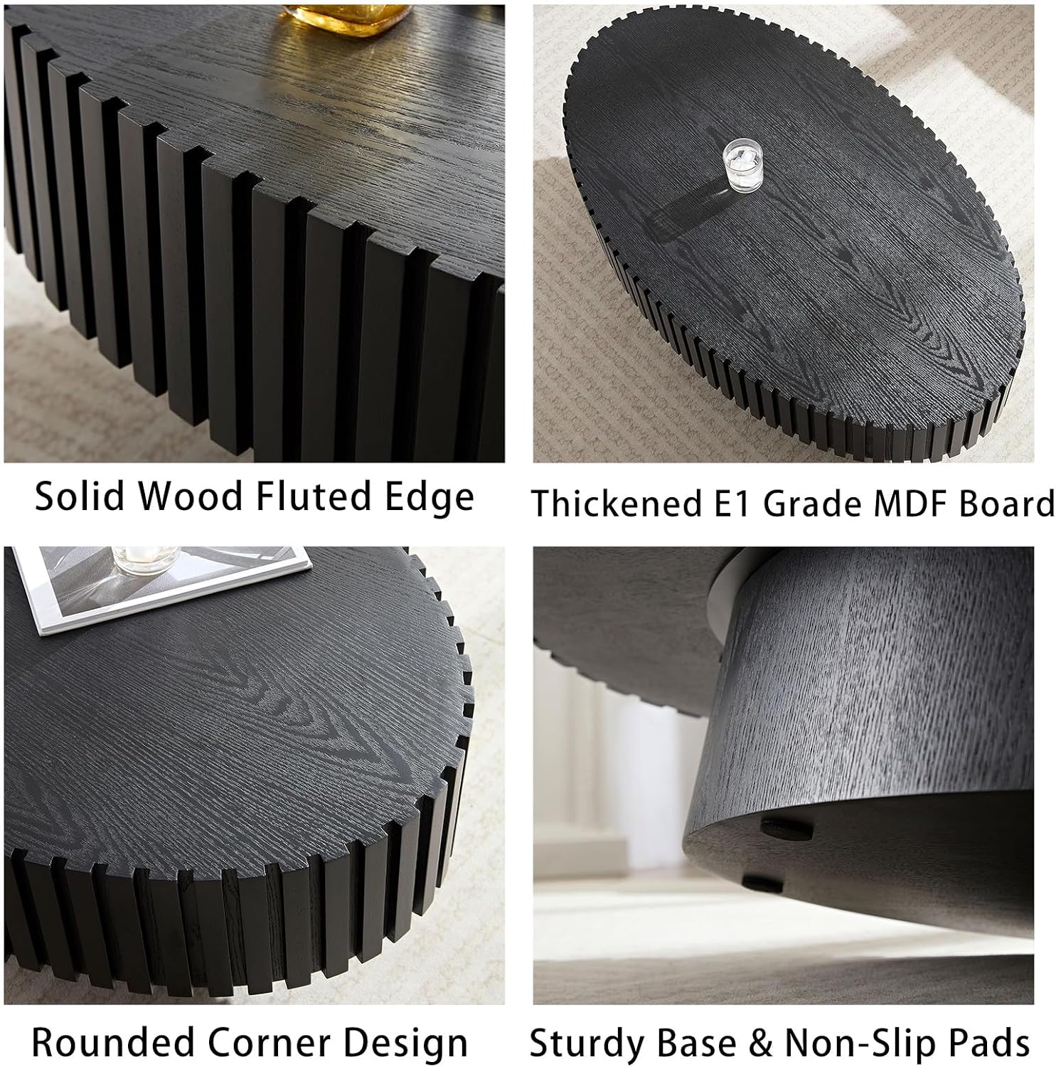 43.3' Oval Coffee Table for Living Room Oval Drum Fluted Coffee Table Modern Handcrafted Fluted Drum Coffee Tables for Living Room (Black)