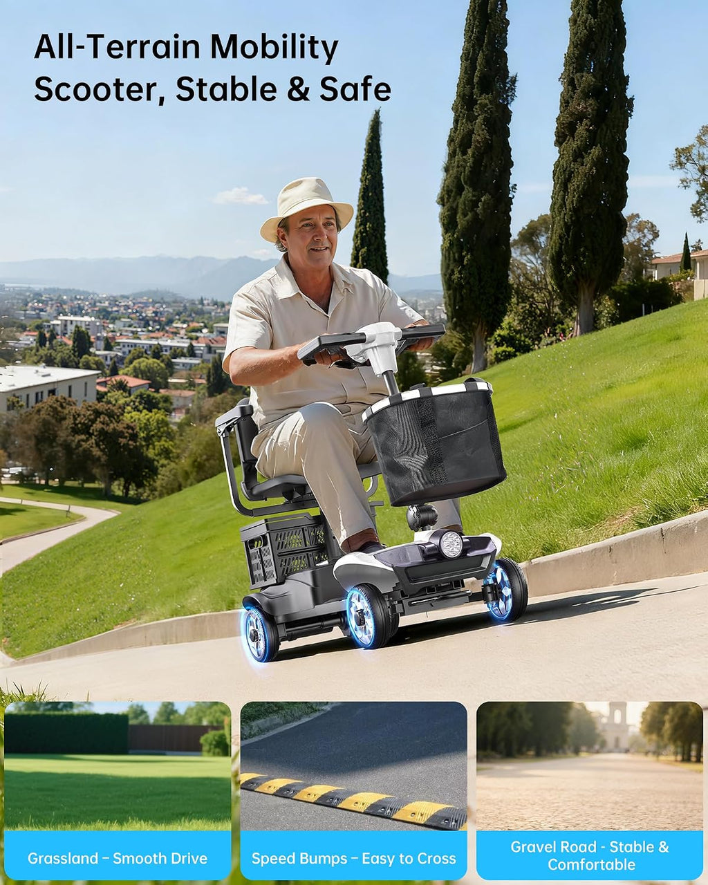 Electric Scooter for Adults & Seniors - Light Weight Mobility scooter with Auto Braking Adjustable Seat Removable Battery, Portable Foldable, 15 Mile Range, 330lb Capacity, Dual Basket, White
