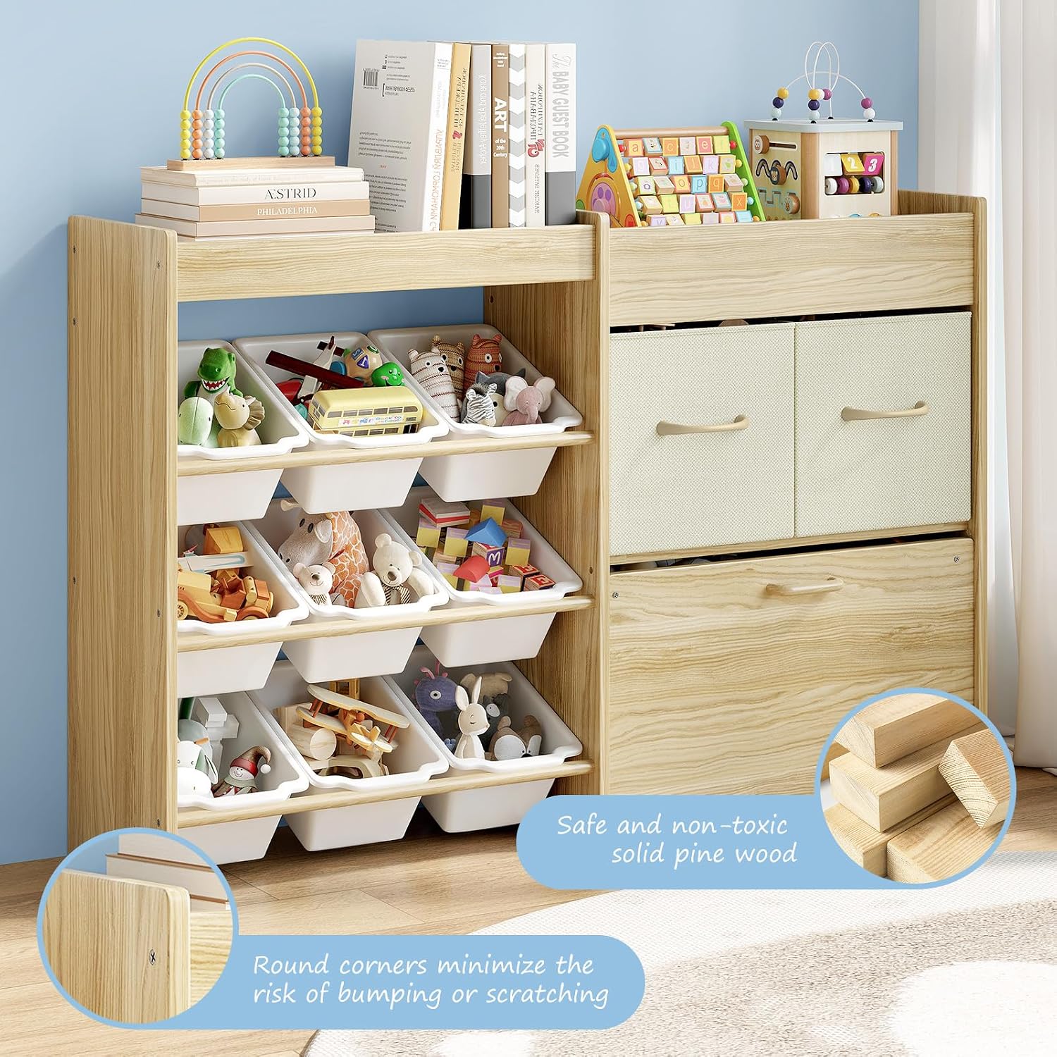 EXPERLAM Toy Storage Organizer for Kids, 9-Bin Toy Organizer with 2-Drawers, Movable Toy Chest and Top Rack, Multifunctional Kids Bookshelf and Toy Storage for Playroom, Bedroom, Nursery, White