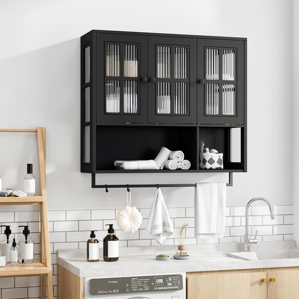 Bathroom Medicine Cabinet Wall Mount with Tempered Glass Doors Open and Hidden Storage Towel Bar for Bathroom Over The Toilet Laundry Room Kitchen