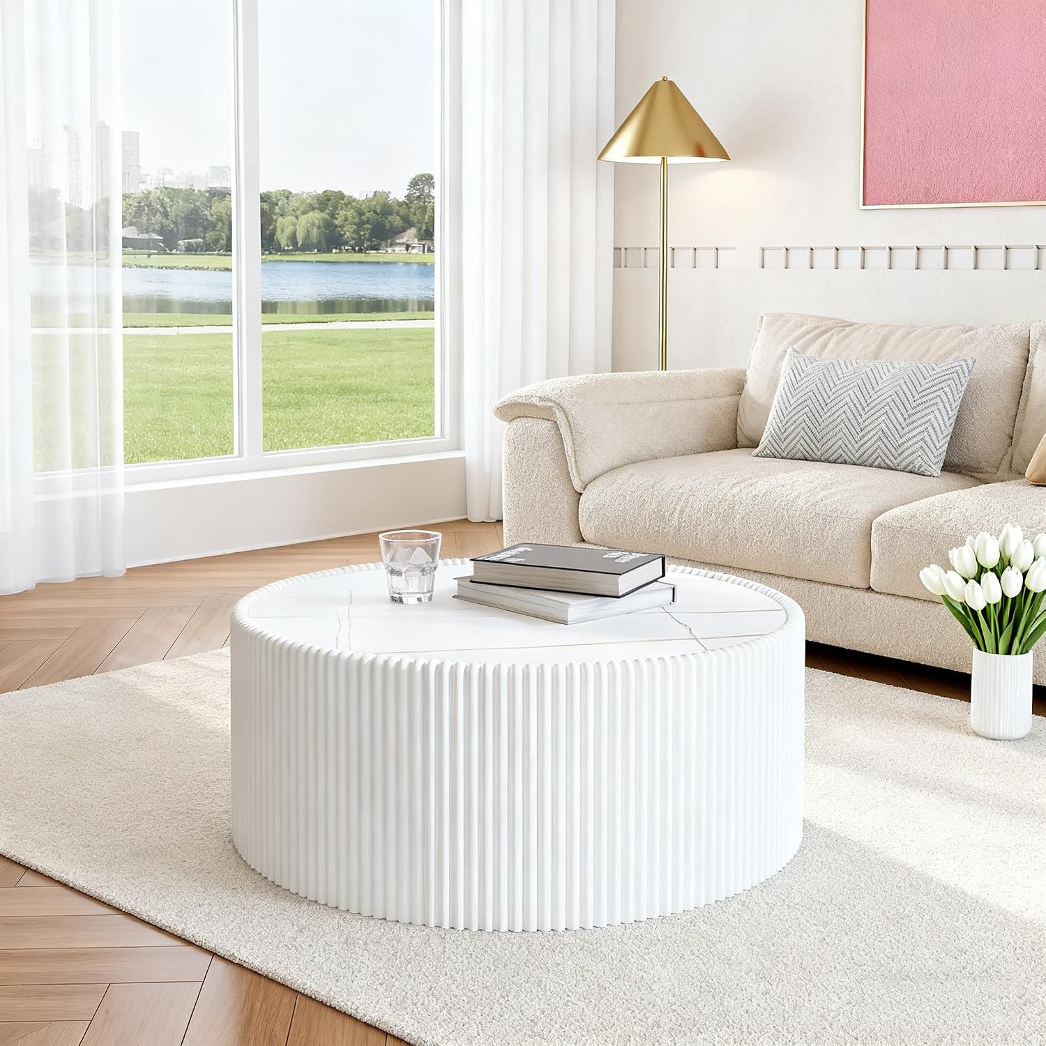 Round Coffee Table Set with Sintered Stone Tabletop, 29.52' White Drum Center Table and 17.71' Grey Coffee Table Set, 2 Pieces Living Room Table Set with Fluted PU Leather Cover& Stable Base