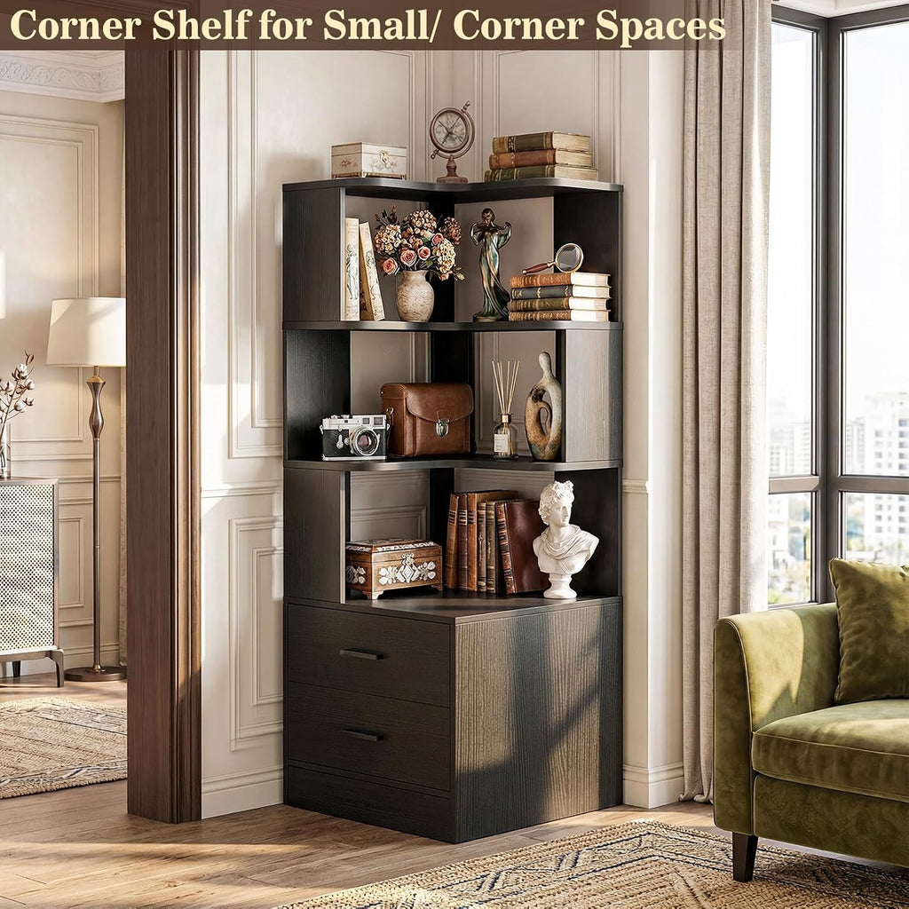 Armocity Corner Bookshelf with Drawers, 6 Tier Corner Book Shelf Display Bookcase, Freestanding L Shaped Bookshelf for Bedroom, Living Room, Home Office, Black