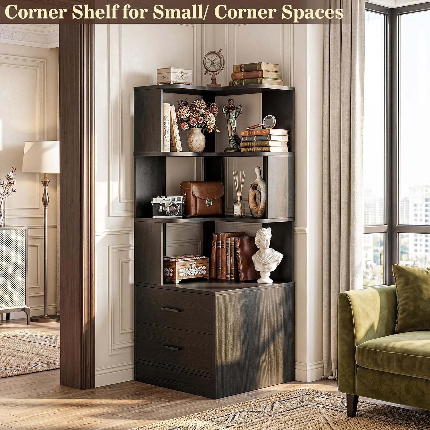 Armocity Corner Bookshelf with Drawers, 6 Tier Corner Book Shelf Display Bookcase, Freestanding L Shaped Bookshelf for Bedroom, Living Room, Home Office, Black