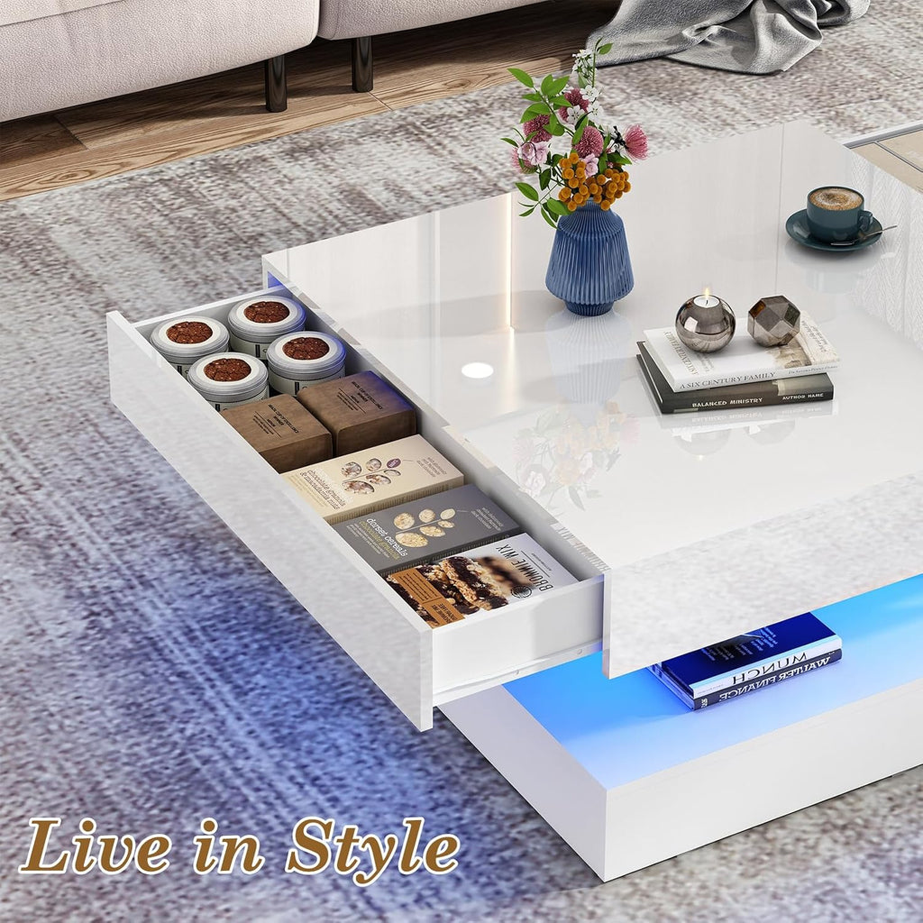 jiteentarou 33.9' LED Coffee Table with Storage, Modern High Glossy Living Room Table w/2 Drawers,Double-Layer Design Large Square Center Table for Living Room, Home, Office, White