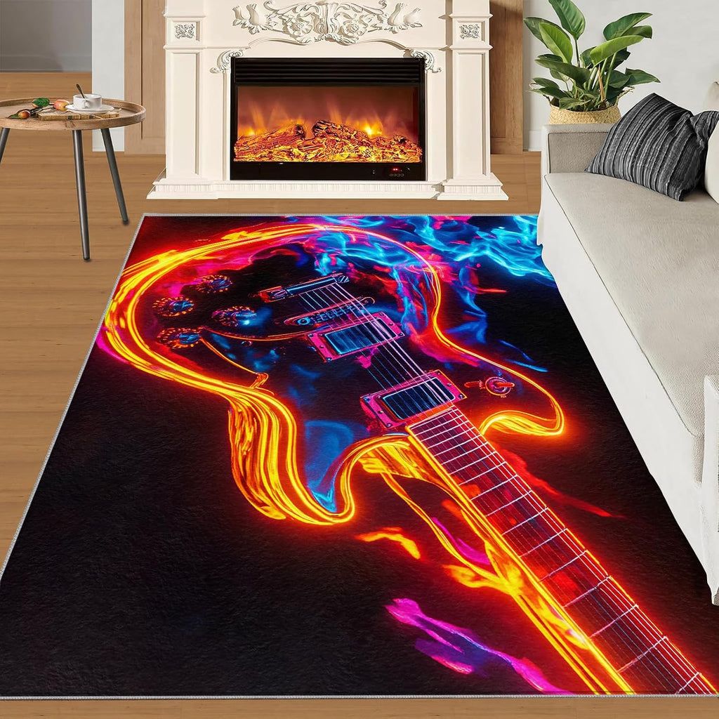 Guitar Rug 5x7-5x7 Rug, Ice and Fire Area Rugs for Living Room, Music Washable Area Mat for Bedroom, Rock and Roll Carpet, Musical Carpet - Guitar Home Decor & Gift