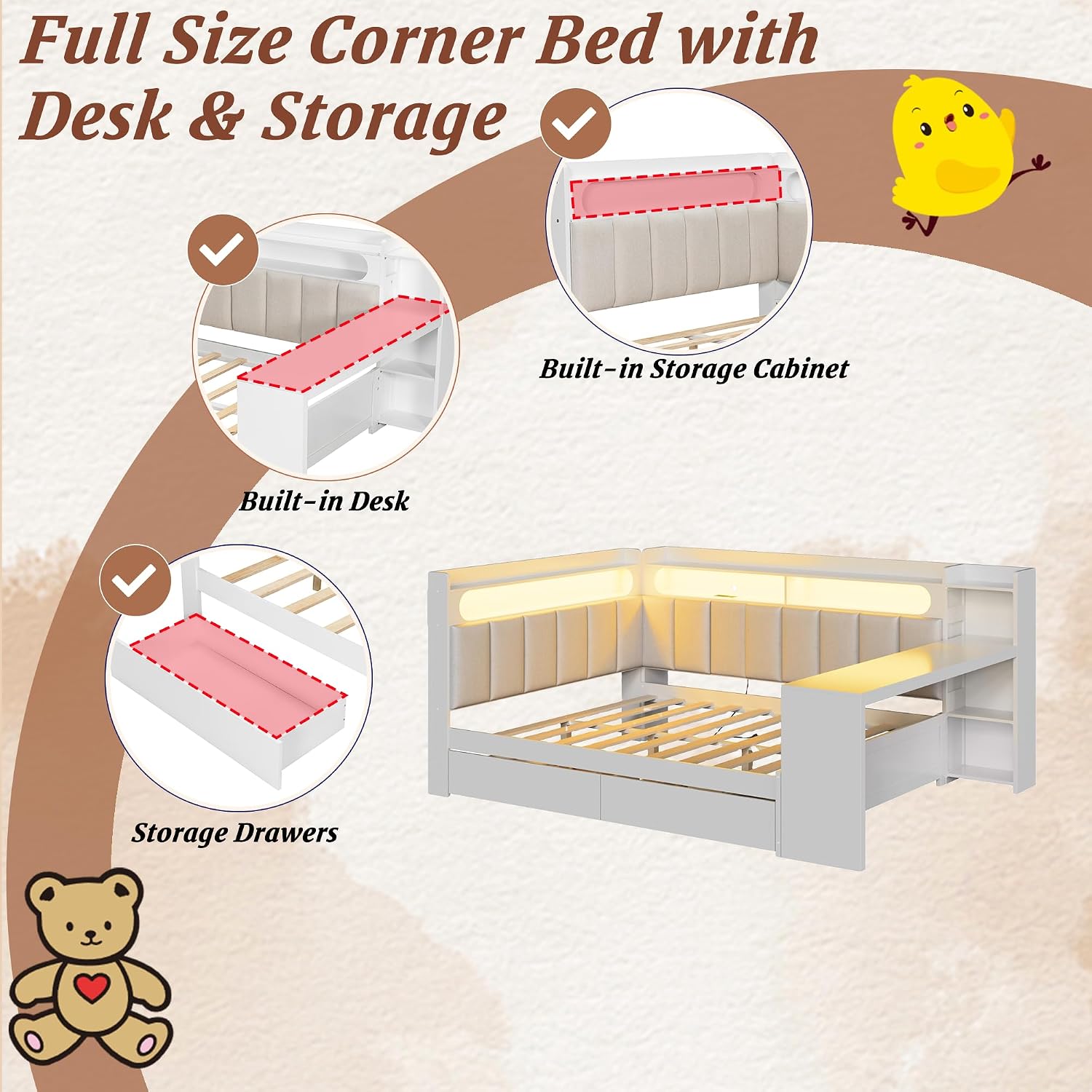 Full Size Corner Bed Frame, Full Size Daybed with Storage Shelves & Storage Drawers, Wood Corner Bed with Charging Station & LED Light, Desk & Upholstered Headboard and Backrest, White