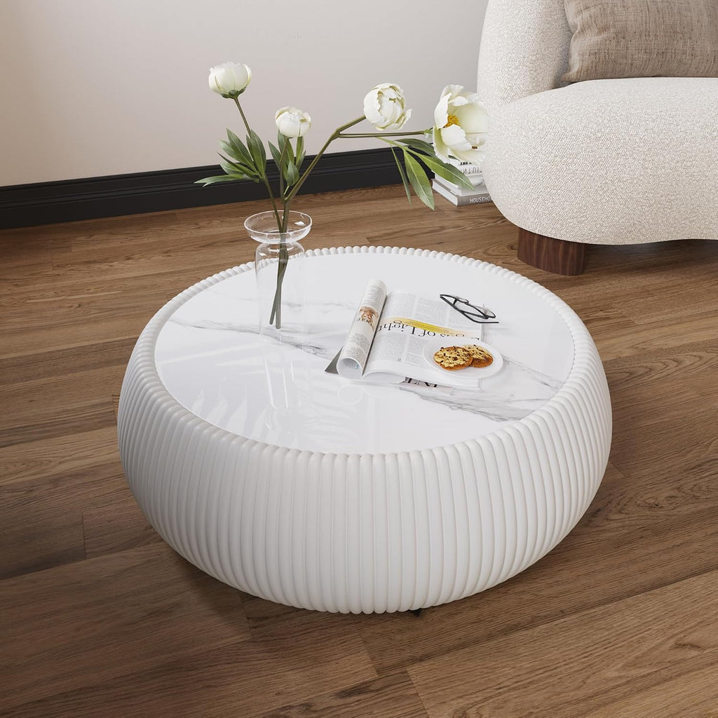 White Round Coffee Table with Sintered Stone Tabletop, 27.55' Drum Coffee Table with Fluted PU Leather Covered and Stable Base, Circle Cocktail Tea Table for Living Room