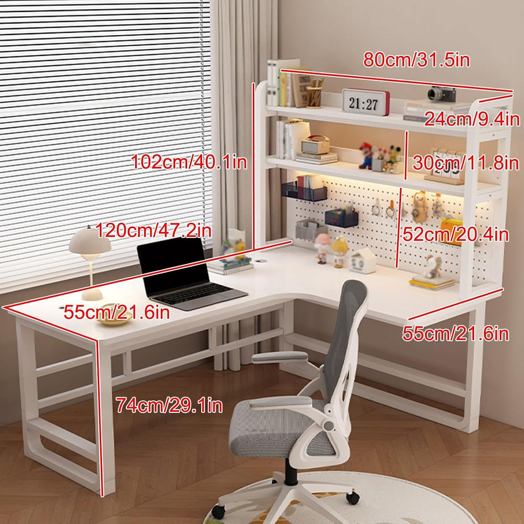 Corner with Storage Shelves, L Shaped Office Desk with Pegboar, Space Saving Writing Desk Writing Workstation Gaming Table for Home Bedroom,Grey-One Size