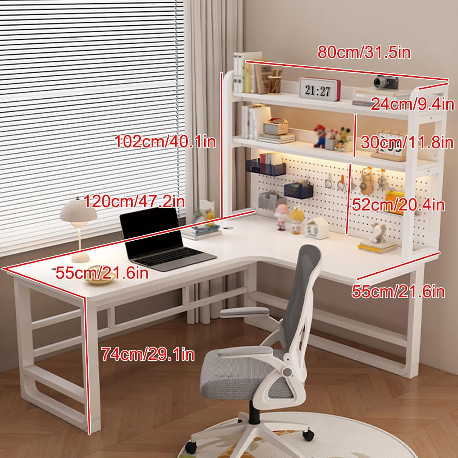 Corner with Storage Shelves, L Shaped Office Desk with Pegboar, Space Saving Writing Desk Writing Workstation Gaming Table for Home Bedroom,Grey-One Size