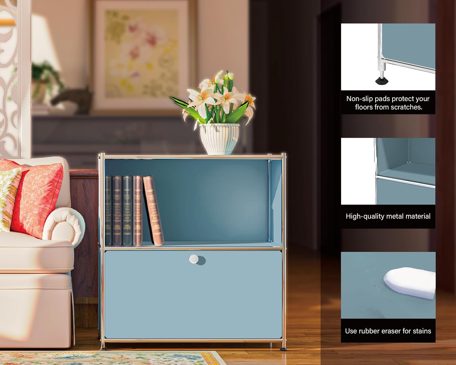 32.5-Inch Flip-Top Storage Cabinet with Detachable Wheels, Metal Side Table and Small Sideboard Cabinet for Living Room, Bedroom, Office, Orange