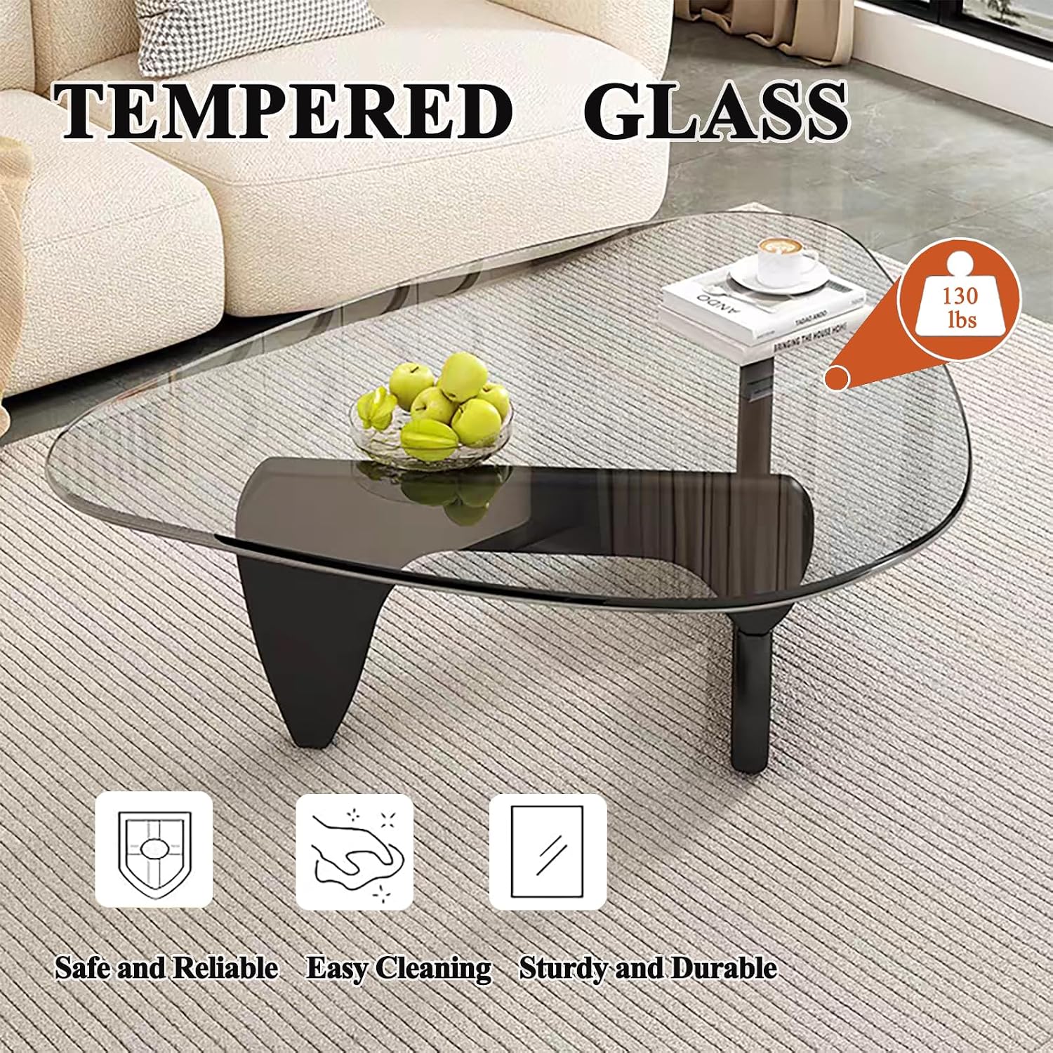 Glass Coffee Table, Mid Century Modern Coffee Table, Coffee Table for Living Room Center Table Suitable for Bedroom Living Room Reception Office Tables (Black/Transparent, Large)