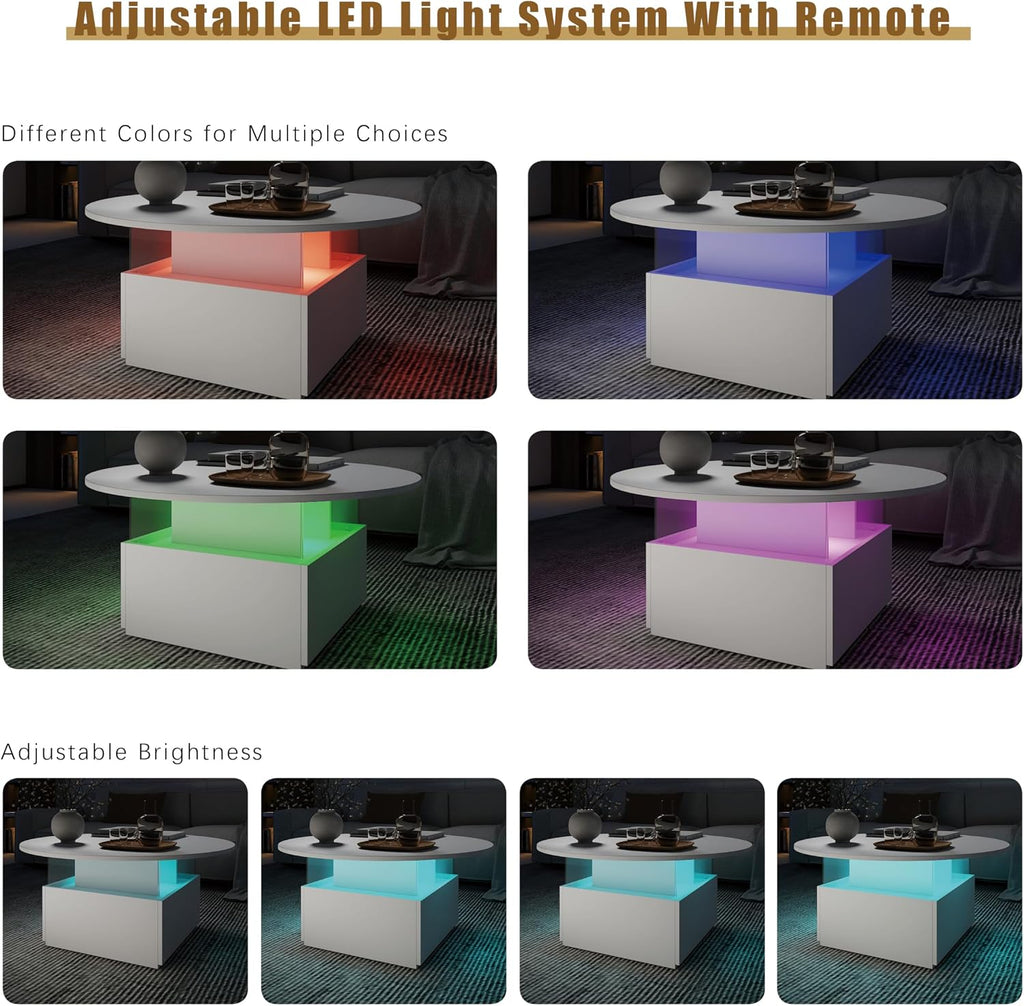 HedoAjim 31.5' Round Coffee Table for Living Room, LED Modern Living Room Table with Storage, Square Acrylic Coffee Tables with 2 Sliding Drawers, Wood Center Table for Reception Dinning Room, White