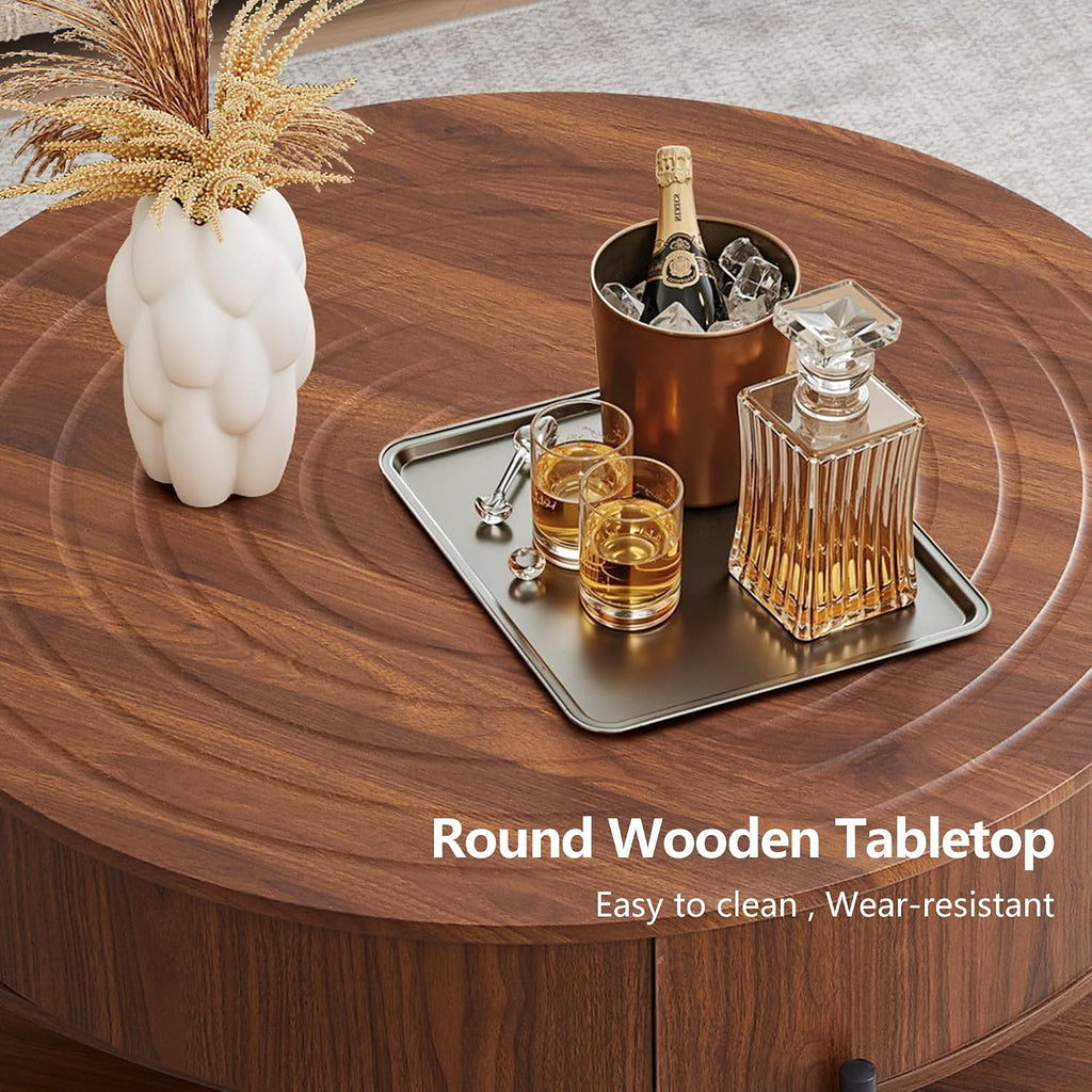 RARZOE 30.5' Round Coffee Table with Storage, Wooden Circle Coffee Table with Drawer, Storage Shelf, Metal Legs，Small Dining Table Accent Center Table for Living Room Home Office Apartment,Walnut
