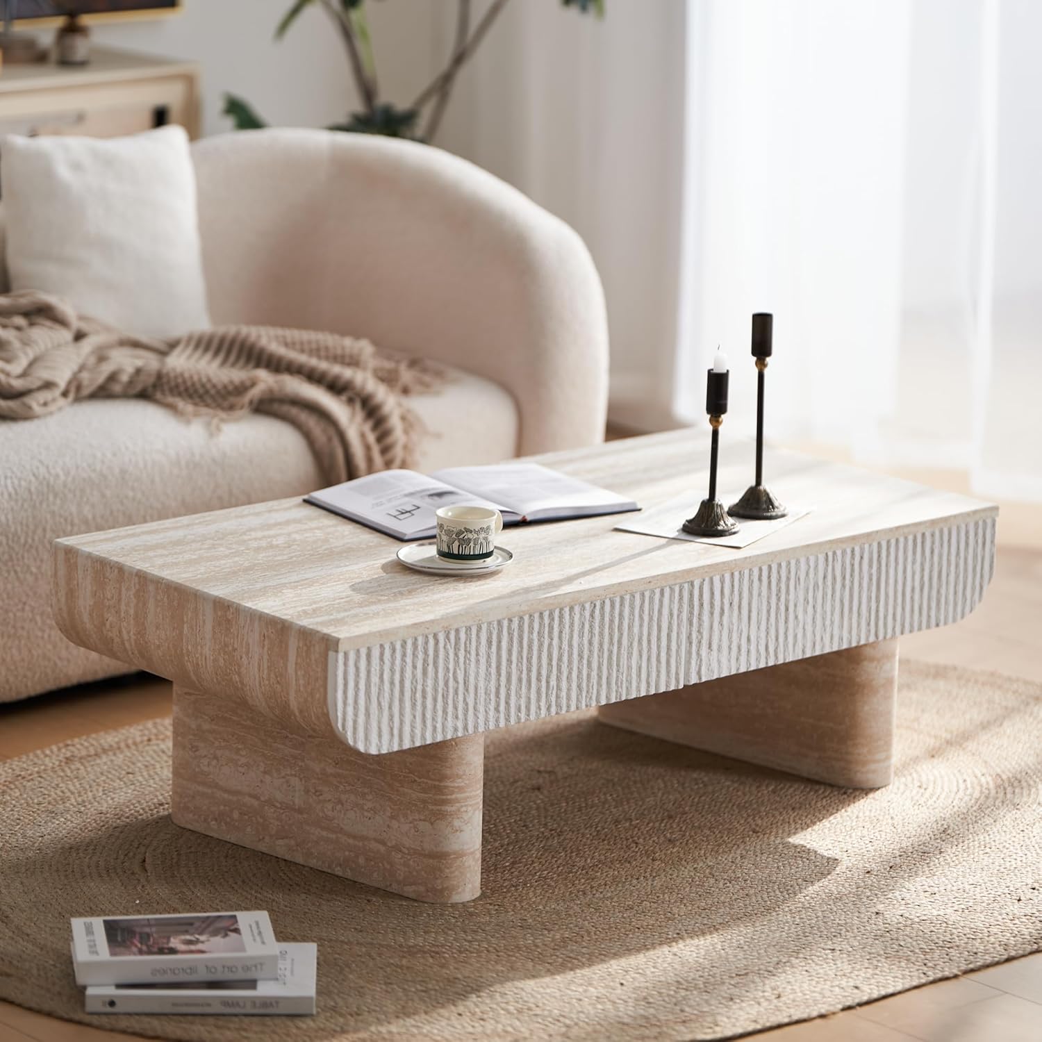 46.8' Coffee Table with Faux Marble Tabletop,Mid Century Modern Coffee Table with Fluted Drawer for Living Room,Office,Beige Brown