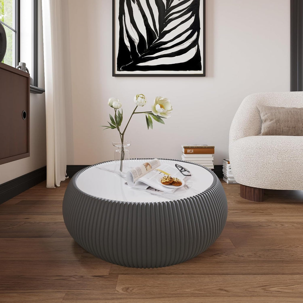 Grey Round Coffee Table with Sintered Stone Tabletop, 27.55' Drum Coffee Table with Fluted PU Leather Covered and Stable Base, Circle Cocktail Tea Table for Living Room