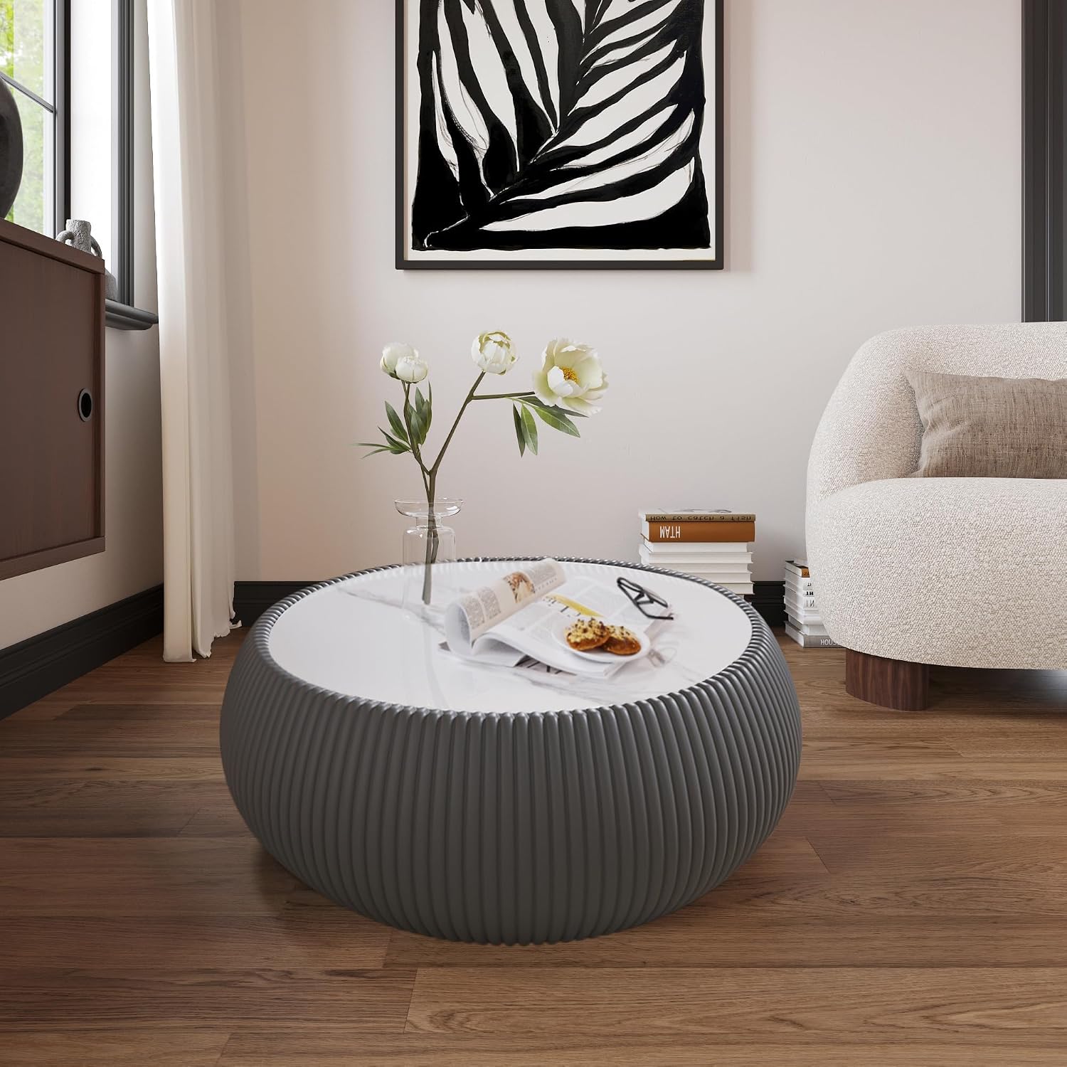 Grey Round Coffee Table with Sintered Stone Tabletop, 27.55' Drum Coffee Table with Fluted PU Leather Covered and Stable Base, Circle Cocktail Tea Table for Living Room