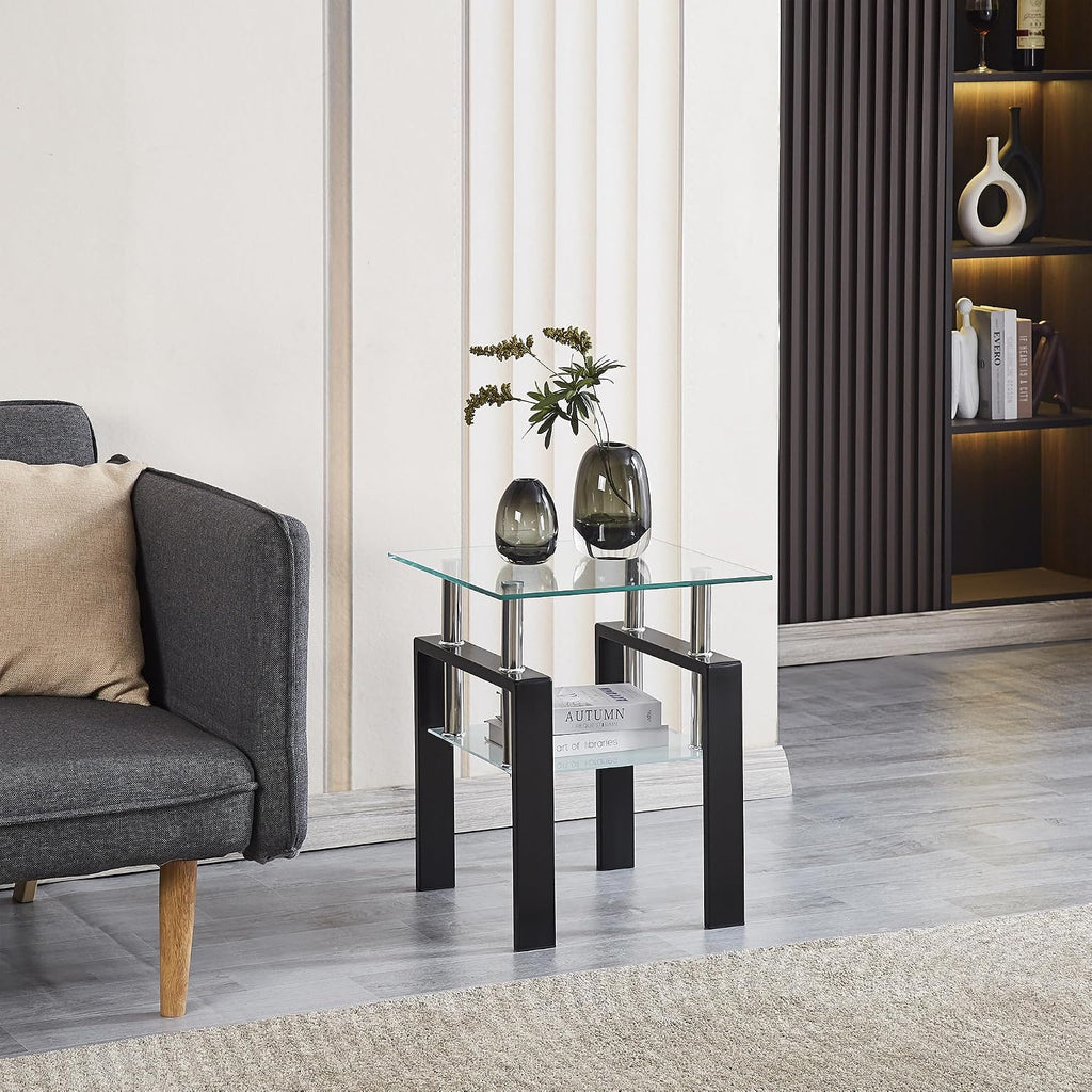 Glass Coffee Table Set of 3, Modern Clear Coffee and End Tables Set with Black Metal Legs, Small Waterfall Glass Coffee Table Set for Living Room, 3 PCS