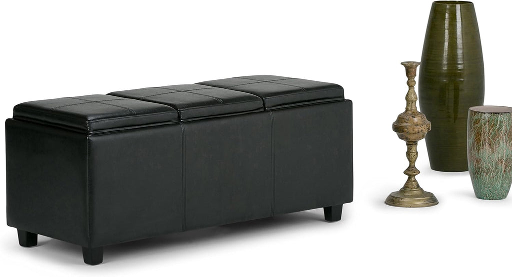SIMPLIHOME Avalon Storage Ottoman - 42 inch Wide Upholstered Vegan Leather Rectangular Flip-Top Ottoman in Midnight Black, Contemporary Storage Coffee Table Ottoman for Living Room with Hidden Storage