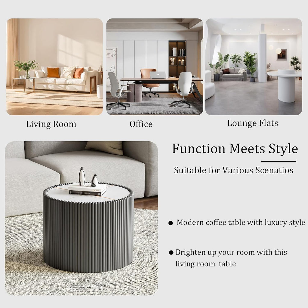 Round Coffee Table Set with Sintered Stone Tabletop, 29.52' White Drum Center Table and 17.71' Grey Coffee Table Set, 2 Pieces Living Room Table Set with Fluted PU Leather Cover& Stable Base